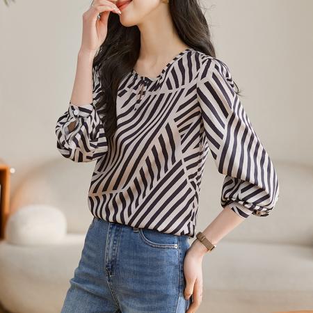 RM32375#条纹印花宽松上衣 长袖V领衬衣重磅衬衫女名媛风套头