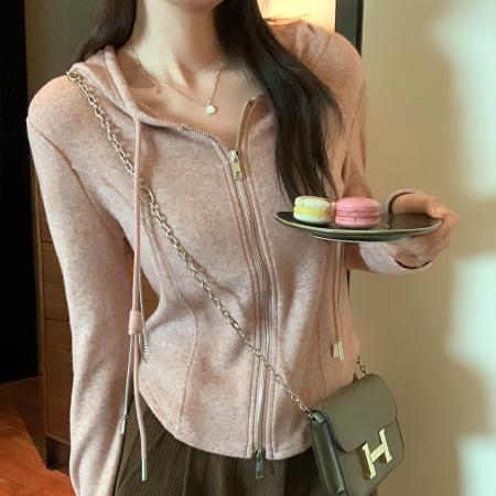 RM32386#连帽拉链短款羊绒外套女 新款设计感开衫上衣