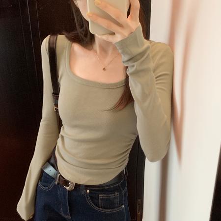 RM32392#美式复古正肩方领螺纹抽褶收腰长袖T恤女 新款上衣