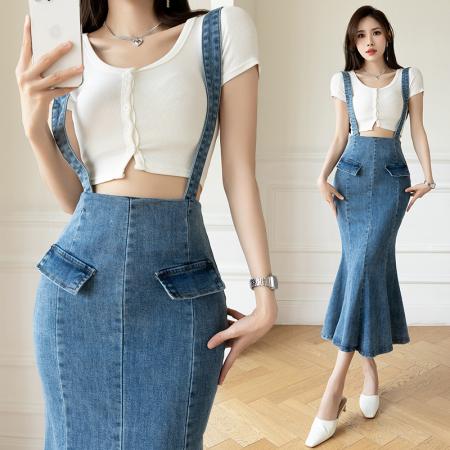 RM32404#复古牛仔裙鱼尾裙高腰半身裙显瘦弹力包臀裙子可拆肩带