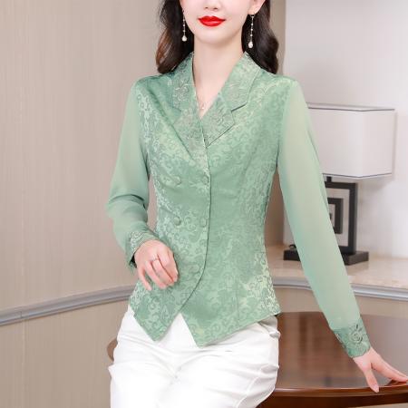 RM32412#西装领缎面绣花衬衫女长袖 新款设计感衬衣时尚显瘦上衣