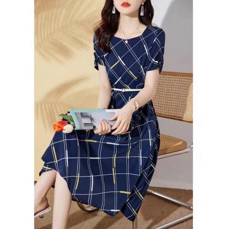 RY2674#韩版女装夏季优雅气藏青格子连衣裙修身系带方领时尚潮
