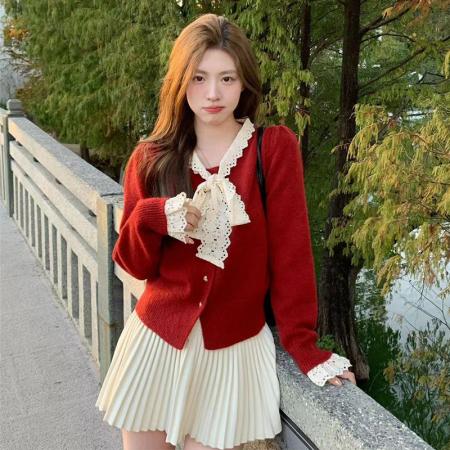 RM32434#蝴蝶结新年红色毛衣开衫女秋冬季2024新款高级感短款内搭针织上衣