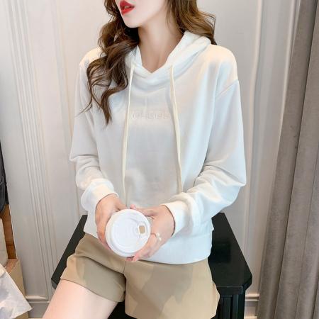 RM32447#新款高密字母刺绣百搭连帽长袖抽绳秋款白色卫衣