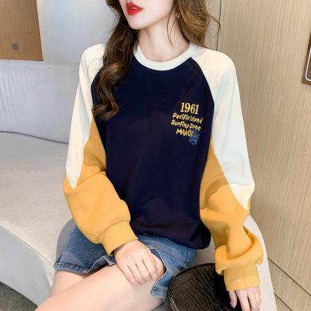 RM32448#休闲范卫衣女2024春新款宽松圆领插肩袖三色拼接字母印花卫衣