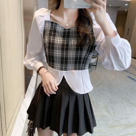 RM32453#新款春季衬衫女上衣拼接格子设计感小众衬衣别致短款套头小衫