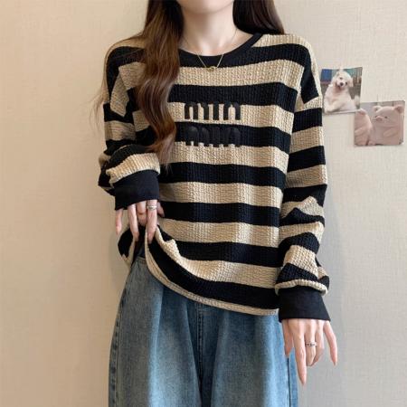 RM32458#新款正肩条纹卫衣女胖MM时尚百搭显瘦长袖上衣潮