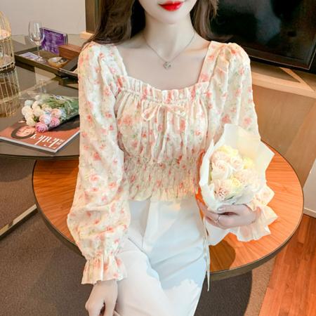 RM32459#法式方领碎花衬衣女设计感小众宽松长袖甜美短款上衣纯欲衬衫