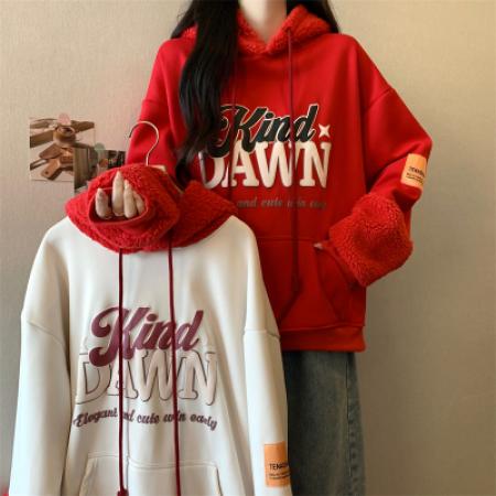 RM32480#纯棉华棉复合超柔 加绒加厚设计感羊羔帽拼接连帽卫衣女秋冬