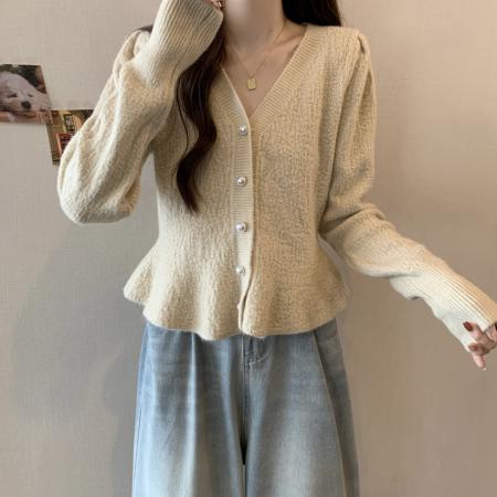 RM32489#新款长袖V领针织衫荷叶边下摆开衫上衣纯色毛衣女