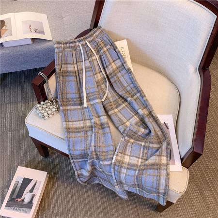 RM32491#韩系复古甜美减龄撞色格子休闲裤女高腰显瘦阔腿裤直筒裤