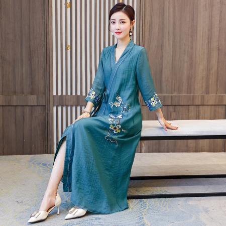 RM32506#汉服女中国风春夏新款法式设计感小众禅意复古茶服洋气改良连衣裙