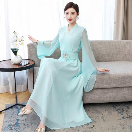 RM32508#汉服改良中国风长裙修身气质V领喇叭袖仙气优雅腰封桑蚕丝连衣裙