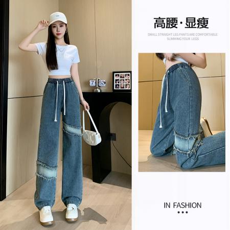 RM32520#渐变拼接牛仔裤女2024春夏新款百搭时尚高腰韩版休闲阔腿长裤