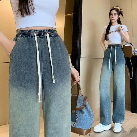 RM32522#渐变牛仔裤女2024春夏新款时尚百搭高腰简约休闲宽松型阔腿裤
