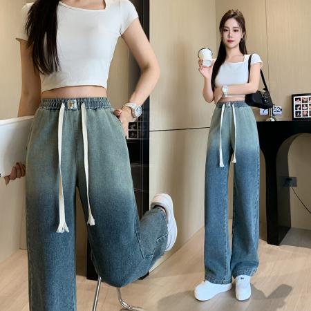 RM32523#复古蓝渐边牛仔裤女2024春夏新款百搭时尚松紧腰休闲阔腿长裤