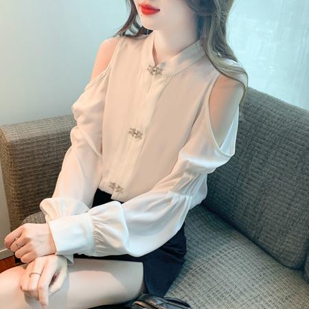 RM32527#新款新中式立领雪纺衬衫女灯笼袖小众宽松露肩上衣