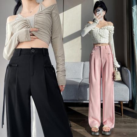 RM32544#阔腿裤女2024春季新款盘扣高腰垂感显瘦直筒休闲西装裤高级感