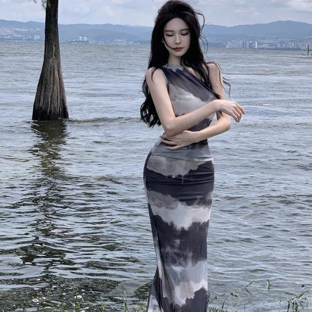 RM32559#水墨画连衣裙女夏扎染网纱长裙性感气质包臀多巴胺穿搭裙子