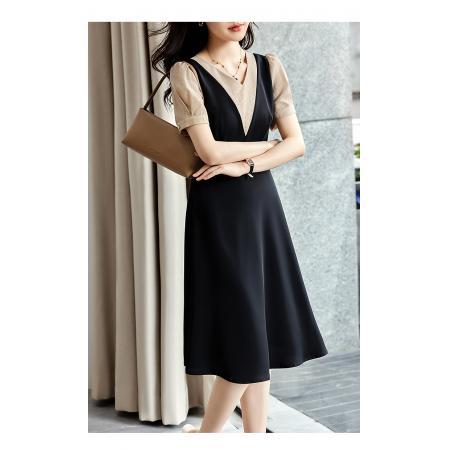 RY2677#拼接连衣裙女夏季新款优雅气质收腰显瘦雪纺a字裙名媛风
