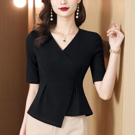 RY2678#中袖T恤女春秋长袖打底小衫女士时髦修身显瘦别致V领上衣