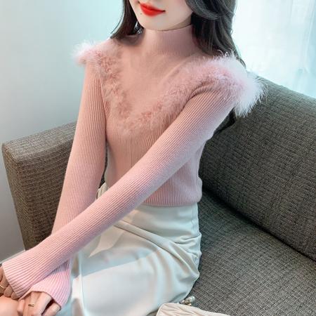 RM32563#新款半高领水貂毛拼接小露香肩百搭羊毛打底衫女