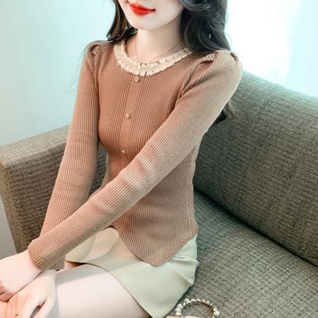 RM32564#法式复古圆领花边泡泡袖独特别致针织衫女 韩版毛衣