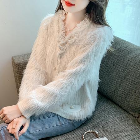 RM32565#新款时尚高级感水貂毛加厚针织开衫长袖洋气毛衣外套