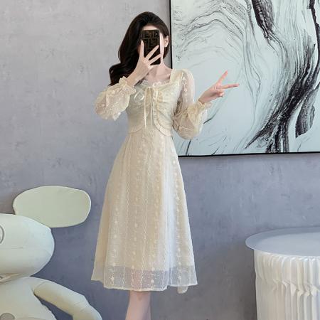 RM32572#新款法式长袖连衣裙收腰显瘦蕾丝仙气雪纺森系长裙子 