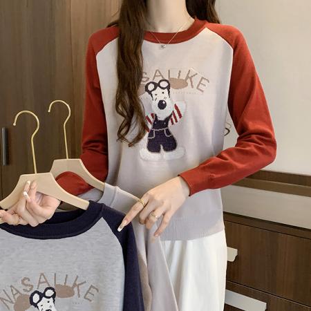 RM32580#韩版卡通刺绣圆领拼色插肩长袖针织衫女小个子设计感毛衣潮