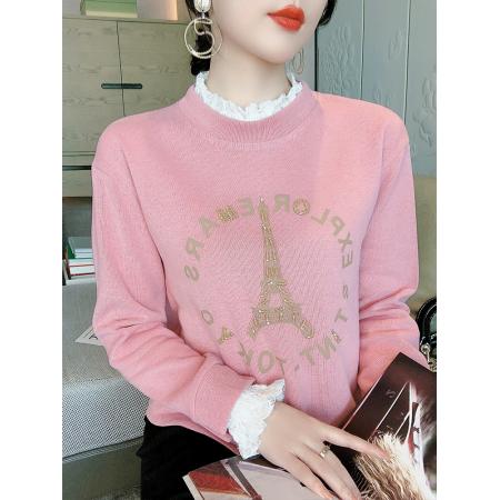 RM32581#粉色卫衣 新款女装宽松重工钉珠内搭圆领打底衫