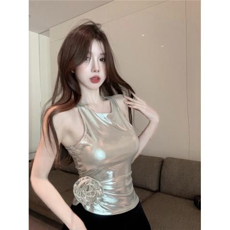 RM32591#美式设计感辣妹复古玫瑰性感短款无袖吊带上衣