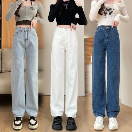 RM32592#浅蓝高腰直筒牛仔裤女窄版阔腿裤子小个子显瘦显高直筒裤