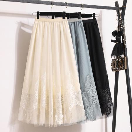 RM32600#拼接蕾丝网纱裙垂感温柔风高腰a字半身裙中长气质大摆裙