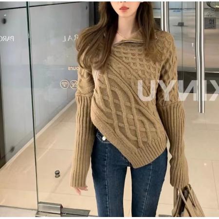 RM32601#韩国东大门 新款韩版设计感不规则侧边拉链开衫外穿翻领毛衣女