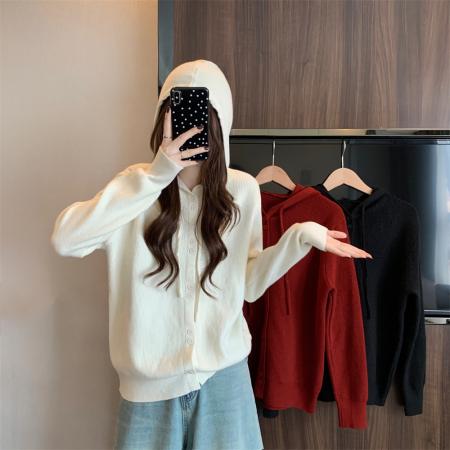 RM32603#大码早春连帽毛衣女 韩版单排扣宽松慵懒微胖卫衣