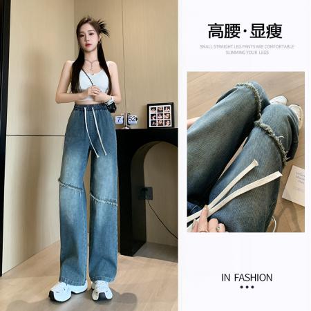 RM32612#复古蓝牛仔裤女2024春夏新款时尚高腰简约休闲宽松型阔腿长裤
