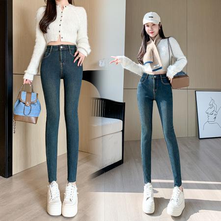 RM32613#牛仔裤女紧身加绒小脚裤 高腰弹性铅笔复古搭配靴子长裤