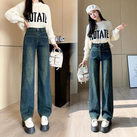 RM32615#水泥色直筒牛仔裤女 高腰显瘦加绒小个子垂感阔腿裤秋冬