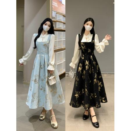 RM32623#大码女装新中式假两件连衣裙新款 胖mm显瘦收腰国风复古长裙子