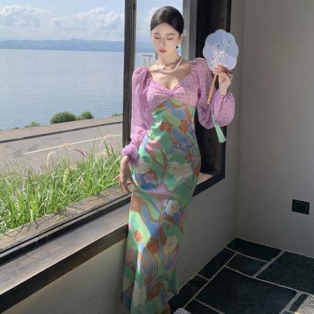 RM32642#连衣裙女 新款法式温柔小众印花拼接气质御姐绝美连衣裙裙