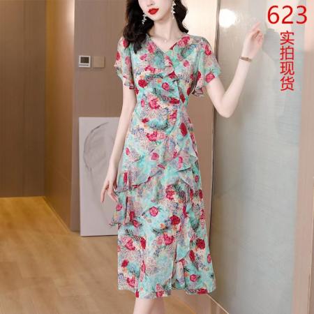 RM32668#印花雪纺连衣裙女夏季新款设计感小众V领显瘦不规则长裙2024