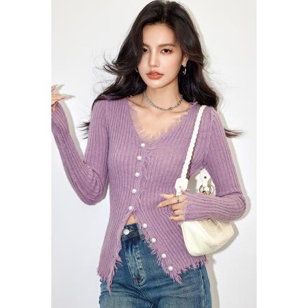 RM32674#新款V领毛衣纯色修身型坑条毛边设计感针织开衫女