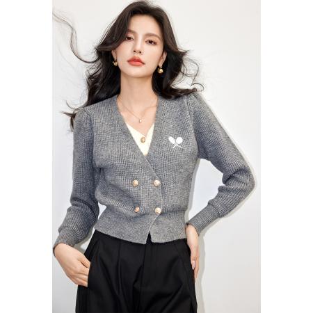 RM32677#假两件v领针织开衫春秋毛衣打底衫短款长袖上衣