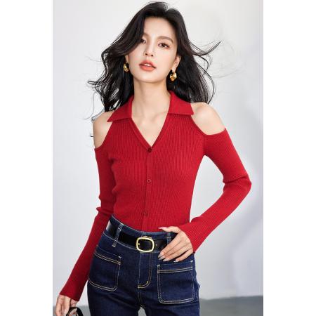 RM32682#复古露肩针织衫女V领气质修身单排扣长袖针织上衣