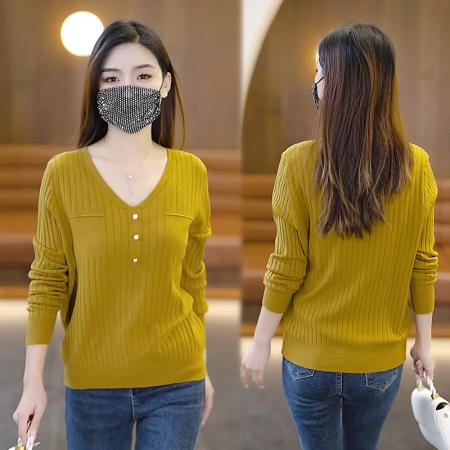 RM32685#V领针织衫女2024春秋新款宽松内搭长袖洋气毛衣外套打底衫上衣