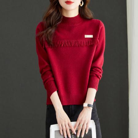 RM32701#流苏绿色毛衣女短款秋冬小个子半高领上衣减龄时尚高腰针织打底衫