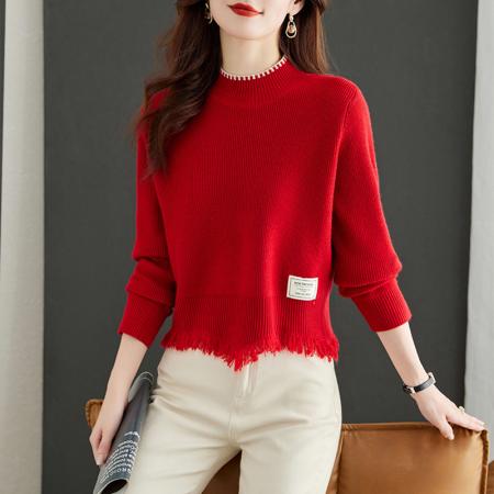 RM32703#流苏短款毛衣女 新款时尚高腰上衣小个子半高领针织打底衫