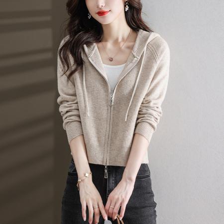 RM32704#小个子外套女春秋短款带帽上衣 新款洋气女装连帽针织开衫