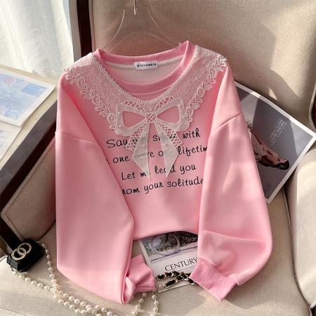 RM32706#新款东大门韩版钉珠蕾丝拼接字母卫衣女宽松